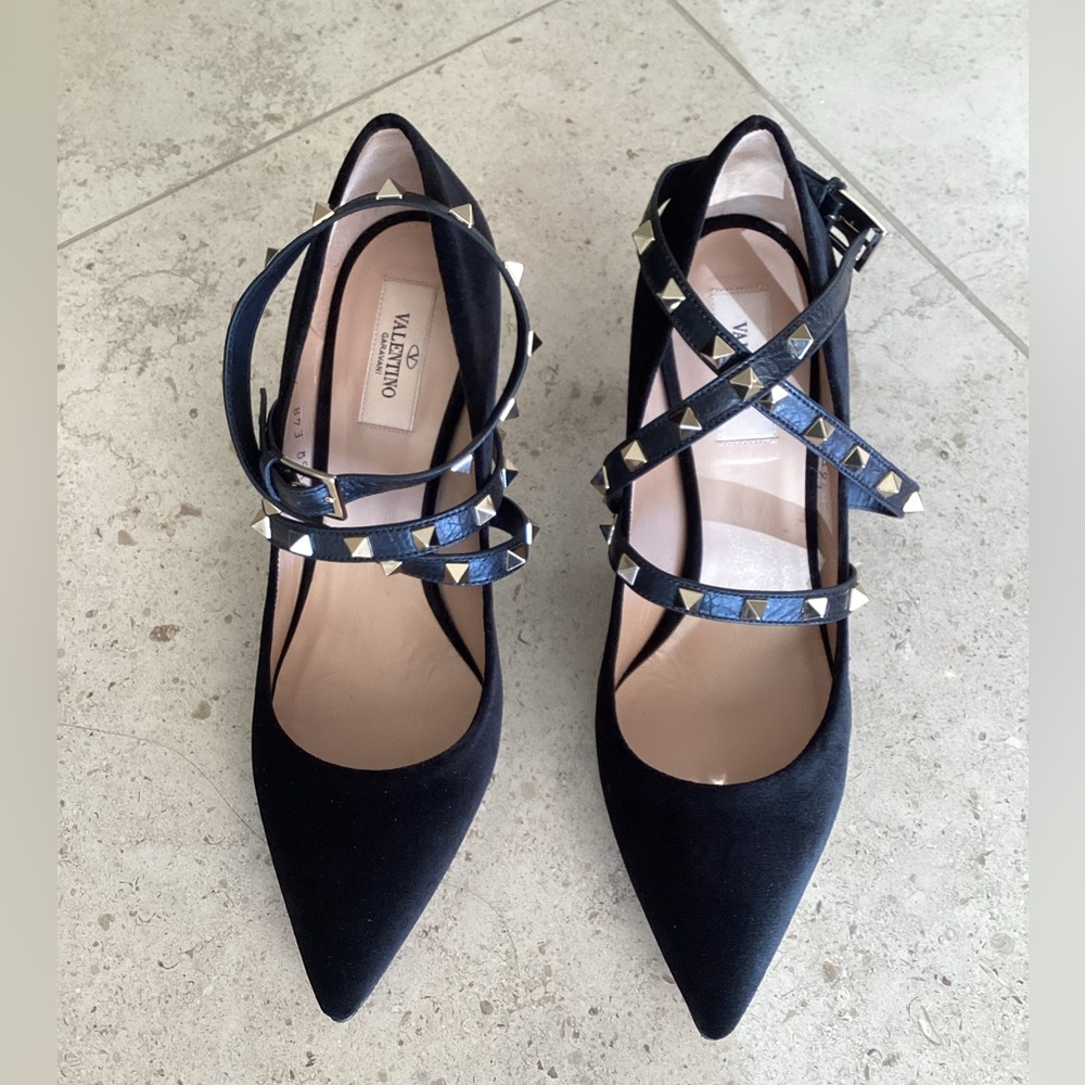 Black Valentino Velvet Strappy Heel with Rockstuds.  Size 39.5.  Just like new
